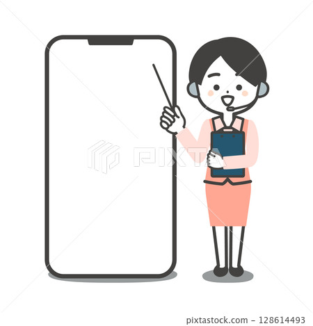 Illustration of a three-dimensional female operator in a uniform talking while pointing at a large smartphone with a pointer Illustration of a three-dimensional female operator in a uniform talking while pointing at a large smartphone with a pointer 128614493