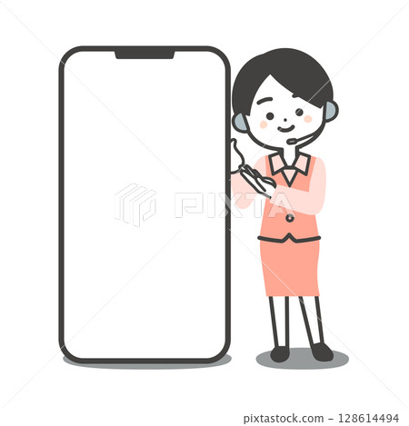 Illustration of a three-dimensional female operator in a uniform pointing at a large smartphone 128614494
