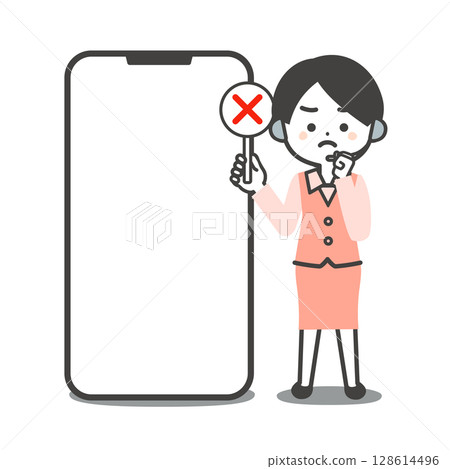 圖：一位身穿制服的立體女操作員，手裡拿著一張錯誤的答案卡，旁邊是一部大型智慧型手機 128614496