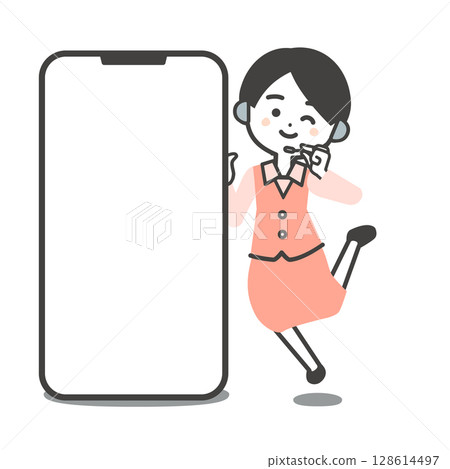Illustration of a three-dimensional female operator in uniform jumping next to a large smartphone Illustration of a three-dimensional female operator in uniform jumping next to a large smartphone 128614497