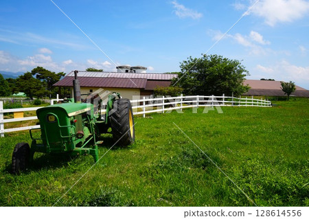 牧場上的舊破拖拉機和白色籬笆 牧場上的舊破拖拉機和白色籬笆 128614556
