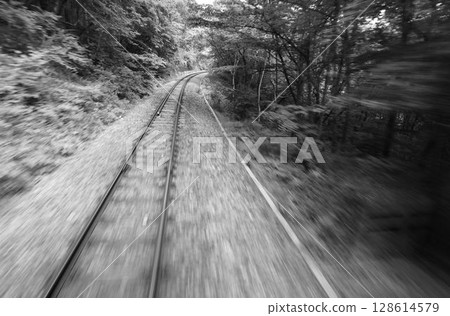 Railway tracks seen from a train running through nature 128614579