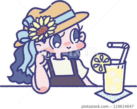 戴帽子的女孩喝著冷飲放鬆身心 128614647