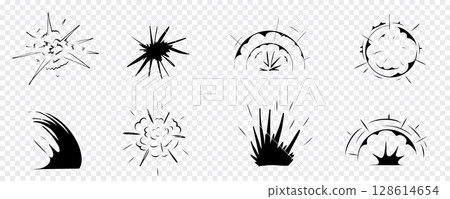 Explosion effect comic manga line sketch. Motion anime explode, radial action burst. Round explosions cloud silhouette on transparent background. Explosion effect comic manga line sketch. Motion anime explode, radial action burst. Round explosions cloud silhouette on transparent background. 128614654