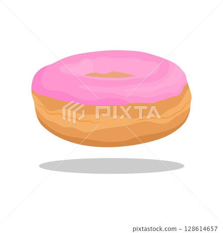 Vector illustration of single doghnut donut cartoon flat style. Delicious pink and chocolate dessert. Single element for logo, icon, fashion print, sticker, emblem, etc isolated on white background. Vector illustration of single doghnut donut cartoon flat style. Delicious pink and chocolate dessert. Single element for logo, icon, fashion print, sticker, emblem, etc isolated on white background. 128614657