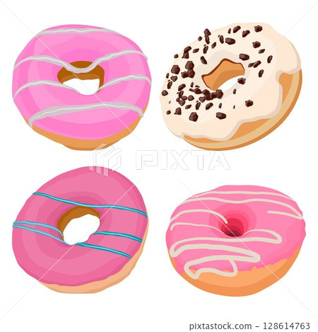 Vector illustration of multiple donuts cake in cartoon flat style. Delicious pink and chocolate art dessert. Pastry and bakery element for logo, icon, sticker, emblem etc isolated on white background. 128614763