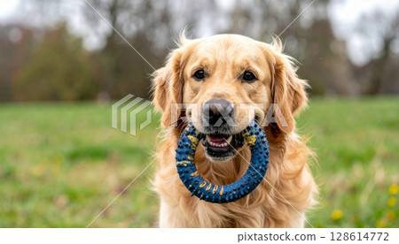 Golden retriever playing with his favorite toy 2 128614772