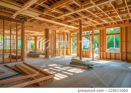 New unfinished residential home under construction framing of wood support beam Generative AI 128615068