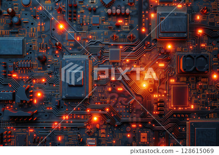 Central computer digital technology circuit PC motherboard chipboard Generative AI 128615069