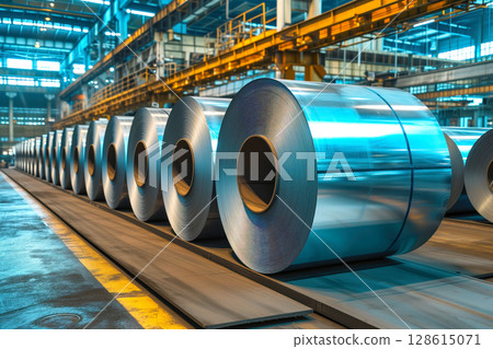 There are rolls of galvanized steel coil sheet inside factory at warehouse. Generative AI 128615071