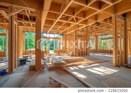 New house construction in the process of being framed, framework truss beam frame newly built system Generative AI 128615092