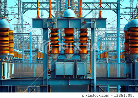 High Voltage electric substation with switchgear transmission transformers AI Generative 128615093