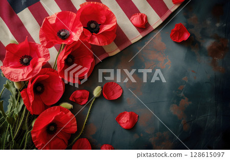 Memorial Day and Veterans Day are symbols poppy flower of remembrance on American flag. AI Generative 128615097