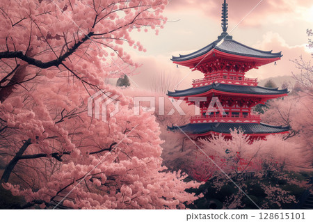 Sakura cherry blossom tree blossoms around traditional Japanese red pagoda in spring Generative AI 128615101