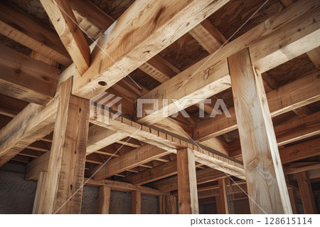 View of wood framing beams that are being used in construction new house that is under construction Generative AI 128615114
