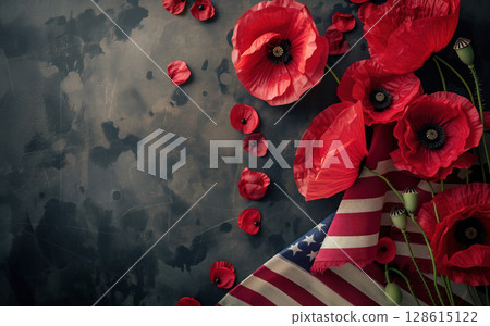 Remembrance poppy flower as a symbol USA for Memorial Day, Veterans day on American flag AI Generative 128615122