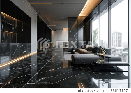 This luxurious new apartment is built in black marble features floor to ceiling windows that offer panoramic views Generative AI This luxurious new apartment is built in black marble features floor to ceiling windows that offer panoramic views Generative AI 128615157