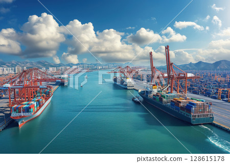 After container cargo ship arrives at terminal dock vessel port, it is unloaded 128615178