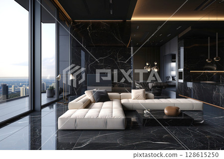 This luxury apartment features black marble floors, large floor to ceiling windows, a panoramic views Generative AI 128615250