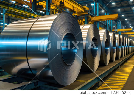 Warehouse contains rolls of galvanized steel coil sheet inside factory. Generative AI Warehouse contains rolls of galvanized steel coil sheet inside factory. Generative AI 128615264