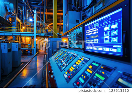 Inside control system, a technician monitors operator room of an industrial pipeline power plant AI Generation 128615310