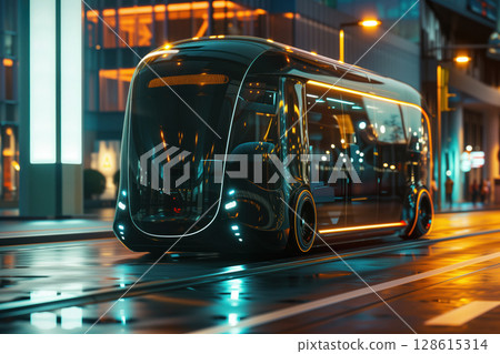 Autonomous smart vehicle future transportation option is hybrid futuristic electric shuttle bus AI Generative 128615314