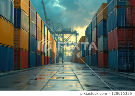 Territory port terminal storage a row stacked cargo shipping containers for logistic transportation AI Generative 128615339