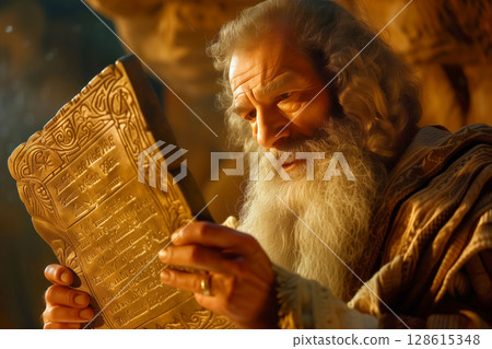 As Moses climbed Mount Sinai, God provided him with tablets containing ten commandments Generative AI 128615348