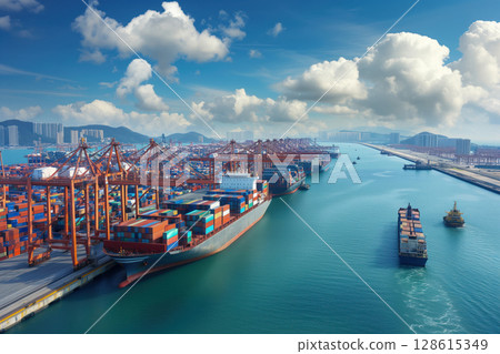 Upon arrival at terminal dock vessel port, container cargo ship is unloaded AI Generative 128615349