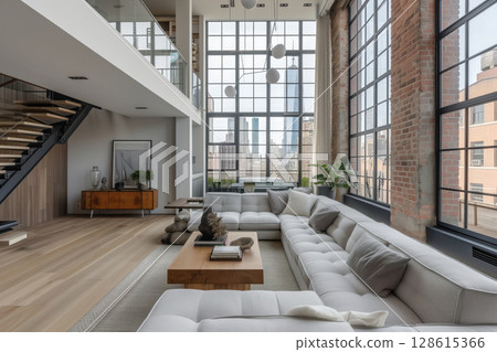 Large windows in loft style apartment in New York City, large living room with plenty of natural light AI Generation 128615366