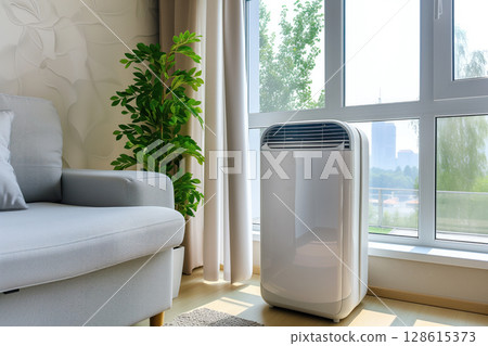 Portable air purifier with smart technology enhances indoor air quality. Generative AI 128615373