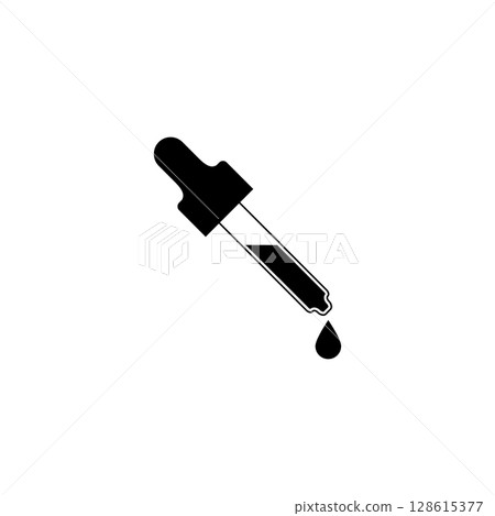 Pipette dropper with a drop. Vector illustration and silhouette on white background. Pipette dropper with a drop. Vector illustration and silhouette on white background. 128615377