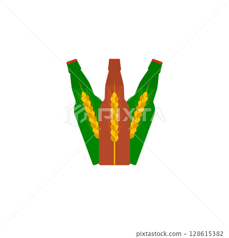 Beer bottles and wheat ears. Isolated vector illustration on white background. 128615382