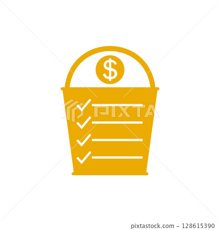 Golden bucket list icon with money. Vector illustration on white background. Golden bucket list icon with money. Vector illustration on white background. 128615390