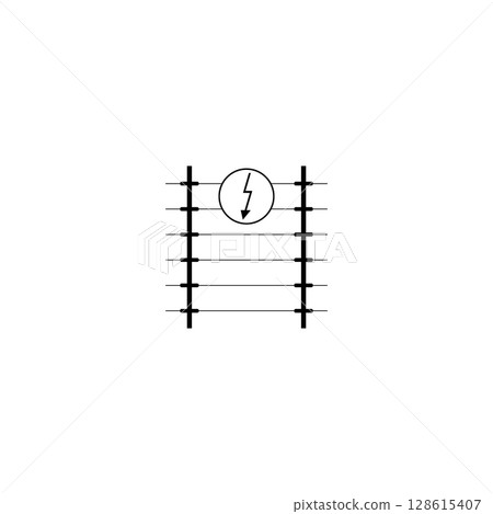 Electric fencing icon with high voltage sign. Isolated vector illustration on white background. Electric fencing icon with high voltage sign. Isolated vector illustration on white background. 128615407