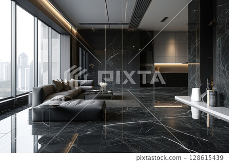 An exquisitely designed new apartment in black marble apartment features large floor to ceiling windows Generative AI 128615439