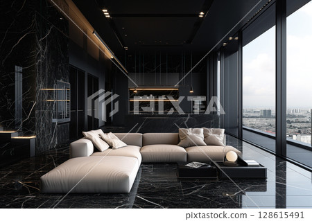 Luxurious new apartment with black marble finishes a large windows offering panoramic views Generative AI Luxurious new apartment with black marble finishes a large windows offering panoramic views Generative AI 128615491