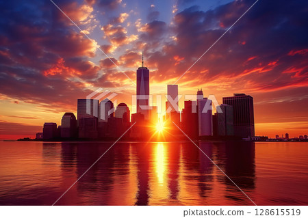 During sunset in New York City, Manhattan skyline can be seen AI Generative 128615519