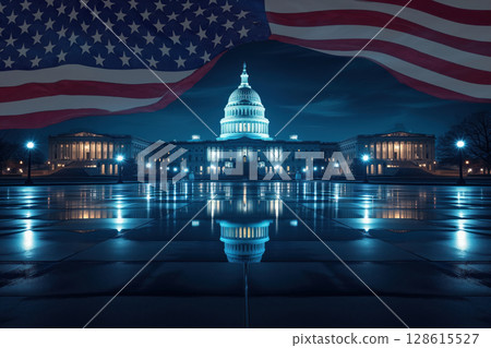 Illuminated Home of Congress Capitol Hill dome building at night, Washington DC, USA. AI Generation 128615527