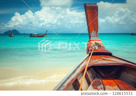 An traditional wooden longtail boat on tropical seascape beach at sea AI Generative 128615531