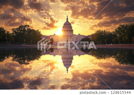 United States Capitol building exterior view at sunset, Washington DC, USA. AI Generation 128615544