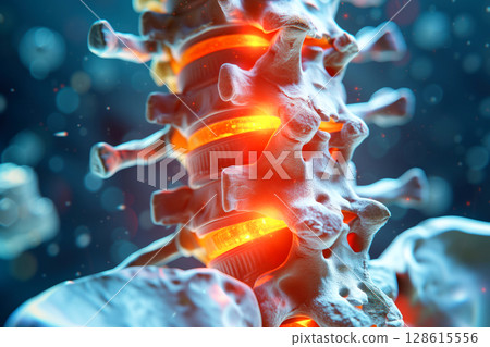 Detailed anatomy 3D illustration of inflammation affecting vertebrae of lumbar spine AI Generative Detailed anatomy 3D illustration of inflammation affecting vertebrae of lumbar spine AI Generative 128615556
