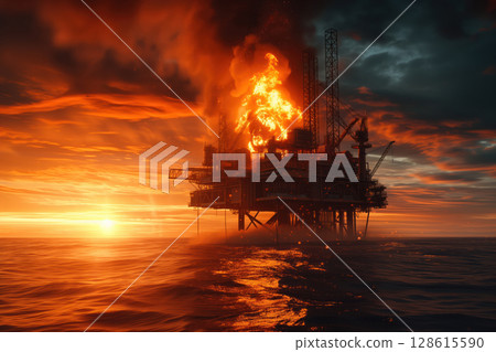Oil rig burning accident with offshore petroleum platform fire explosion at ocean Generative AI 128615590