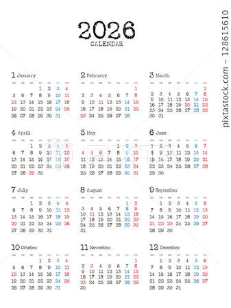 打字機風格的 2026 年年曆,從星期一開始,垂直位置 打字機風格的 2026 年年曆,從星期一開始,垂直位置 128615610