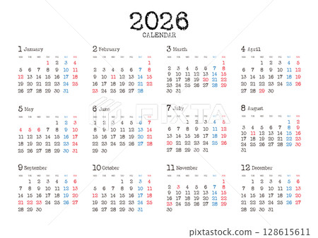 打字機風格的 2026 年年曆,從星期一開始,水平位置 打字機風格的 2026 年年曆,從星期一開始,水平位置 128615611