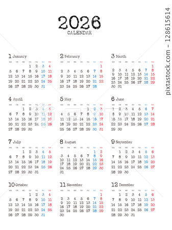 Typewriter-style 2026 annual calendar, starting on Monday, vertical position 128615614