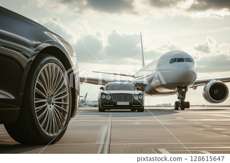 Service for business class passengers at international airports accompanied by a luxury car Generative AI 128615647