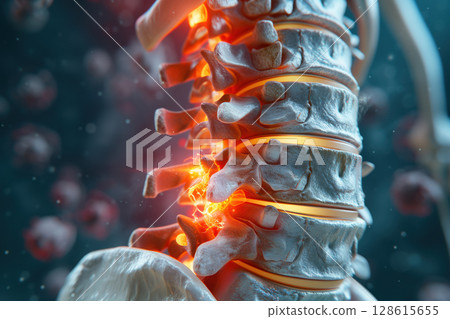 This 3D illustration shows anatomy of an inflamed lumbar spine with affected vertebrae that by inflammation AI Generative This 3D illustration shows anatomy of an inflamed lumbar spine with affected vertebrae that by inflammation AI Generative 128615655