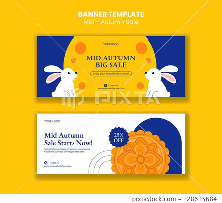 Mooncake Festival Horizontal Banner Template in Flat Hand-Drawn Cartoon Illustration 128615684
