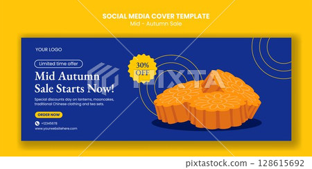 Hand-Drawn Mid-Autumn Festival Social Media Cover Graphic in Flat Cartoon Style 128615692